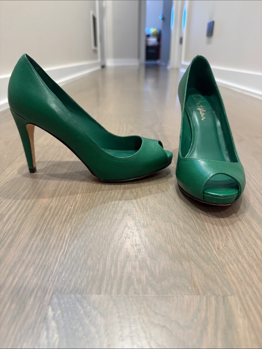 Cole Haan Green Peep-Toe Stiletto Pumps